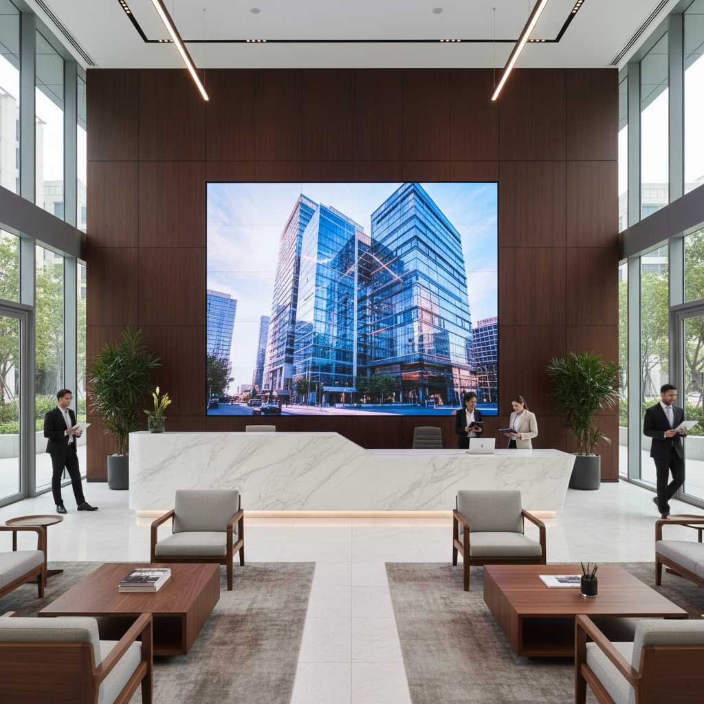 Premium indoor P2 LED display screen installed in modern corporate lobby showing seamless video wall with business data and analytics content