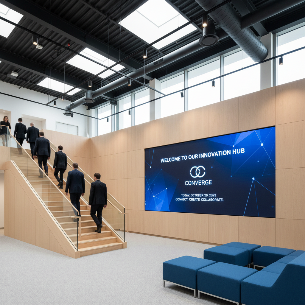 Modern indoor P3 LED display panel seamlessly integrated into contemporary wooden architectural space with stairs, showing welcome message and date in professional corporate environment