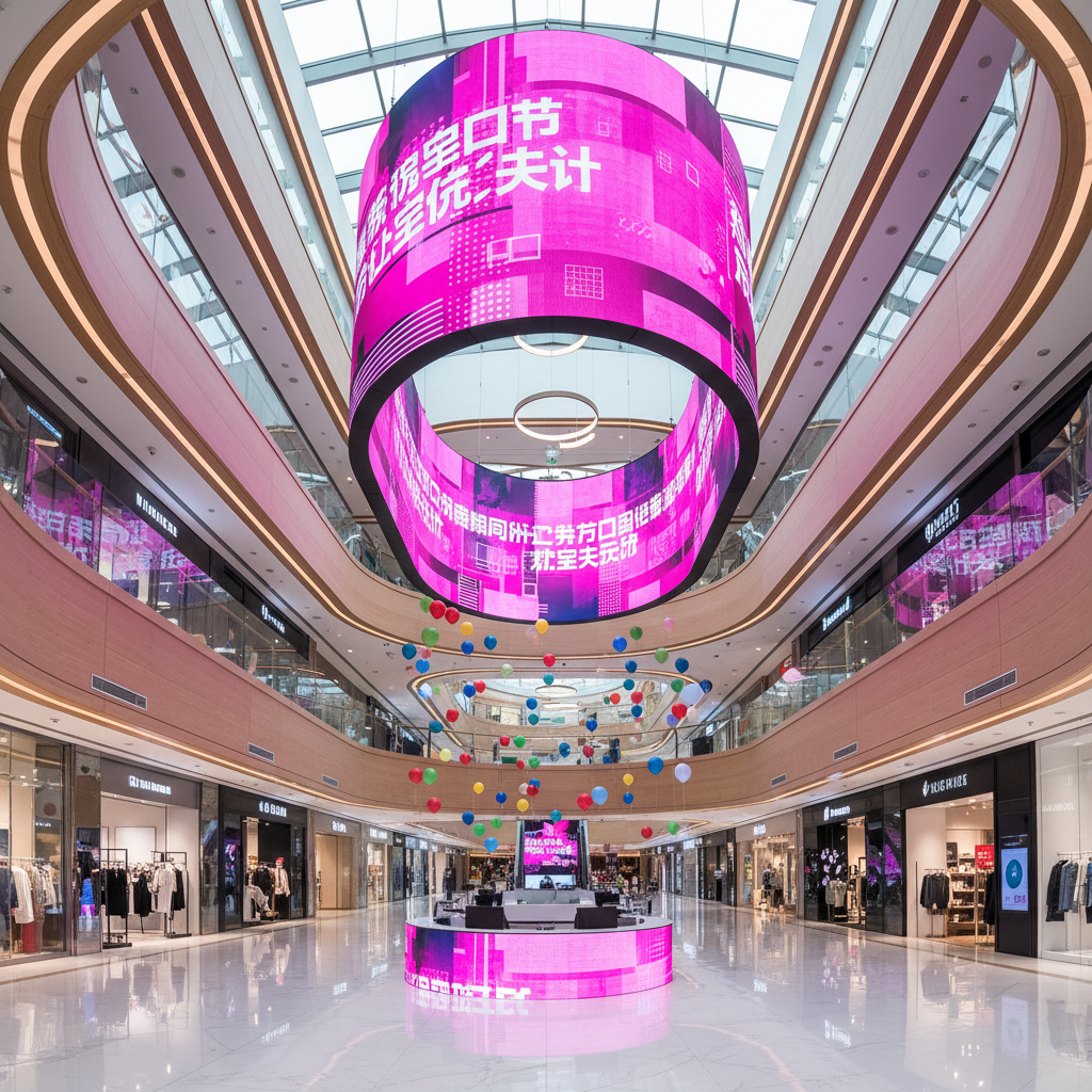 Large vibrant LED advertising screen hanging in modern multi-level shopping mall atrium with curved architectural design showing promotional content